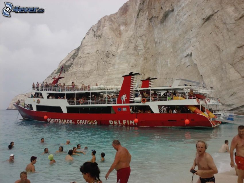 Zakynthos, tourist boat, cliff, sea, people, rock
