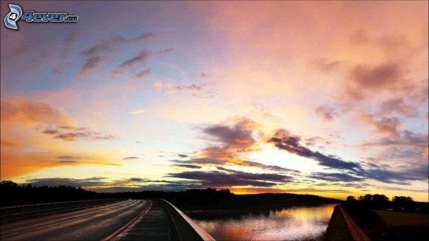 after sunset, clouds, road, lake