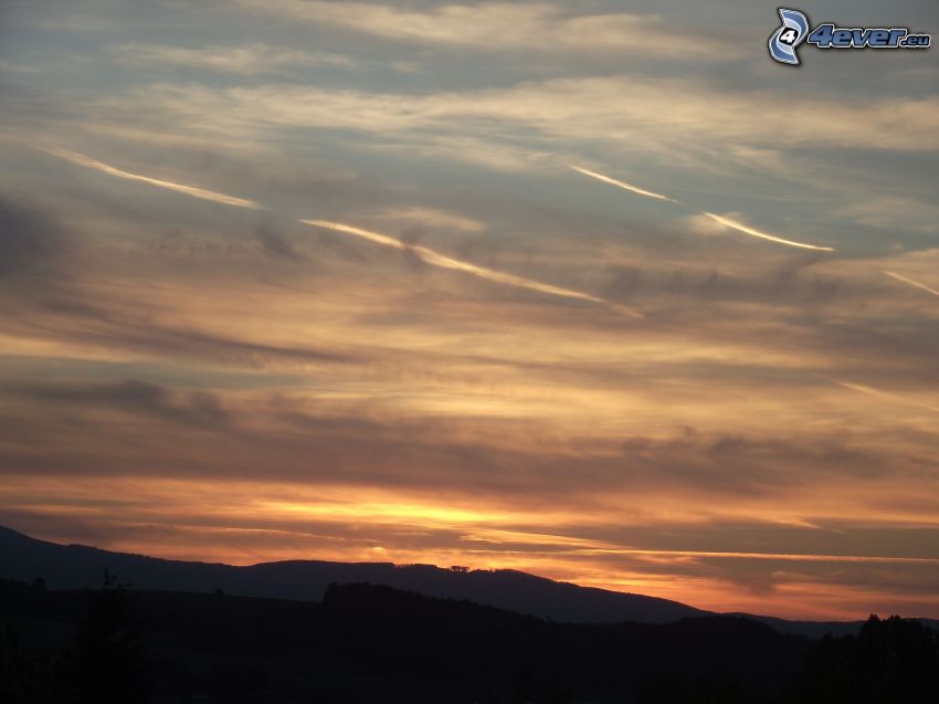 after sunset, mountain, contrail