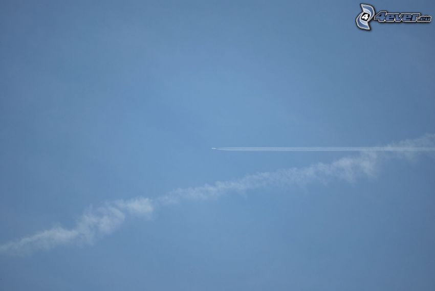 blue sky, contrail, aircraft in sky