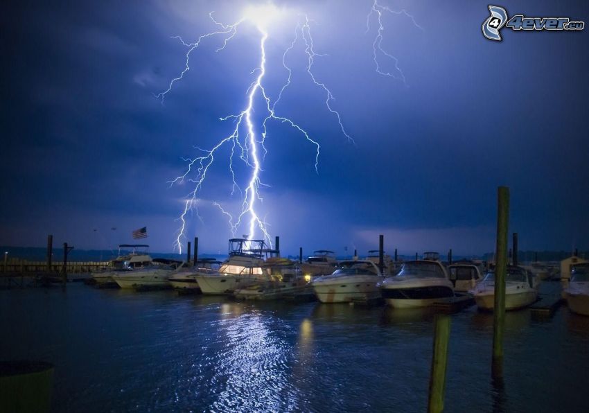 lightning, boats, harbor