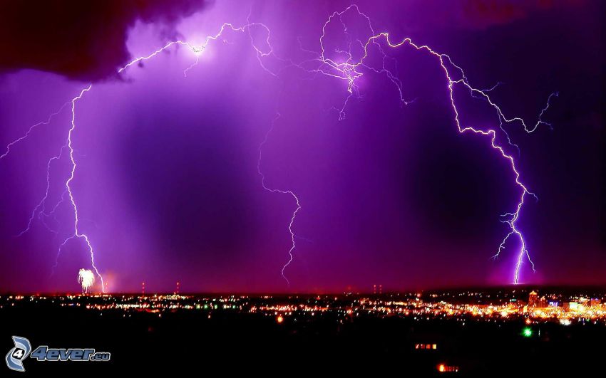 lightning, purple sky, night city