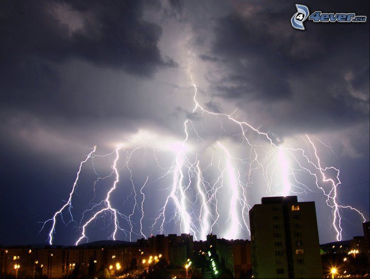 lightning, storm, city