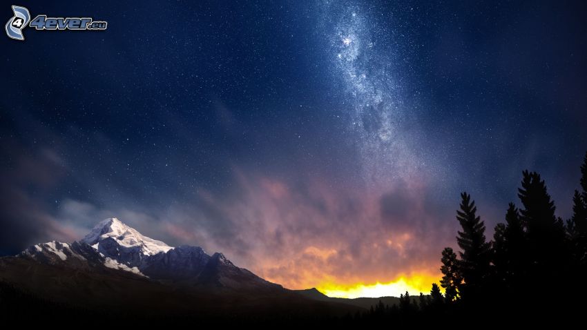 night sky, snowy mountains, silhouettes of the trees