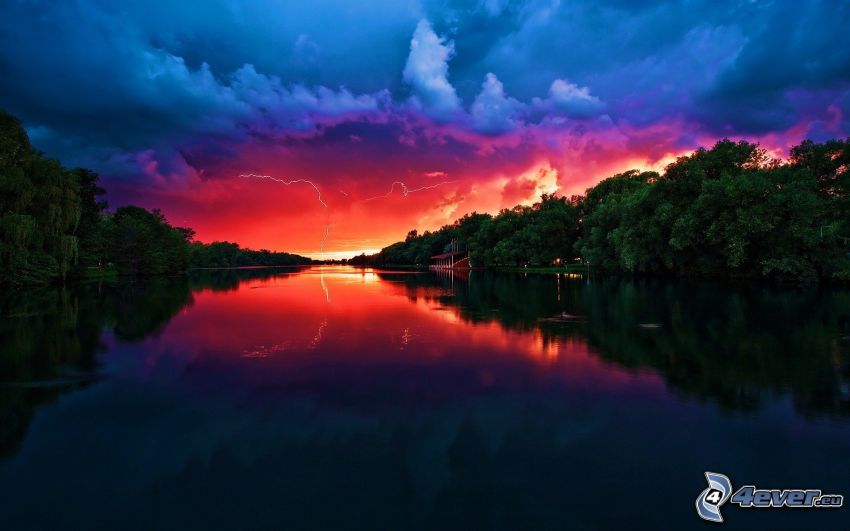 red sky, River, calm water level, forest