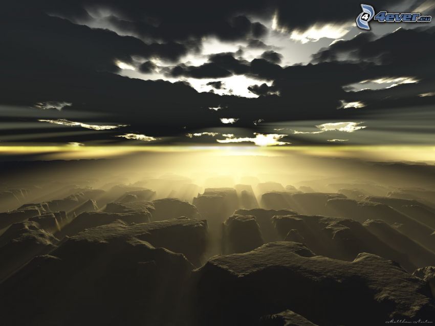 sunbeams behind clouds, digital mountain landscape