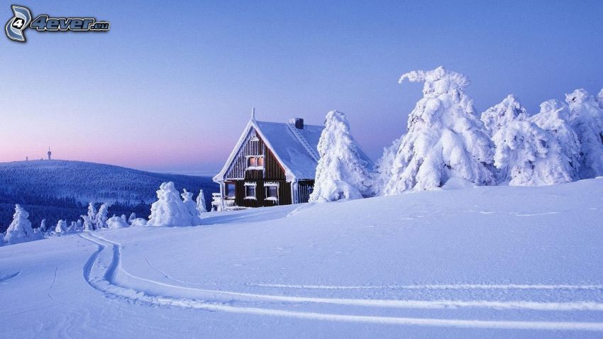 snowy cottage, snowy landscape, ski slope, tracks in the snow