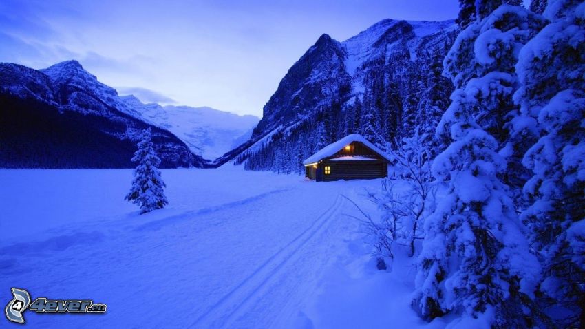 snowy landscape, snowy cottage, mountains
