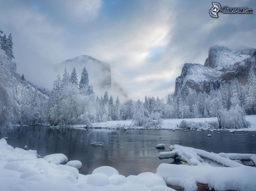 snowy landscape, winter river, snowy forest, rocky mountains