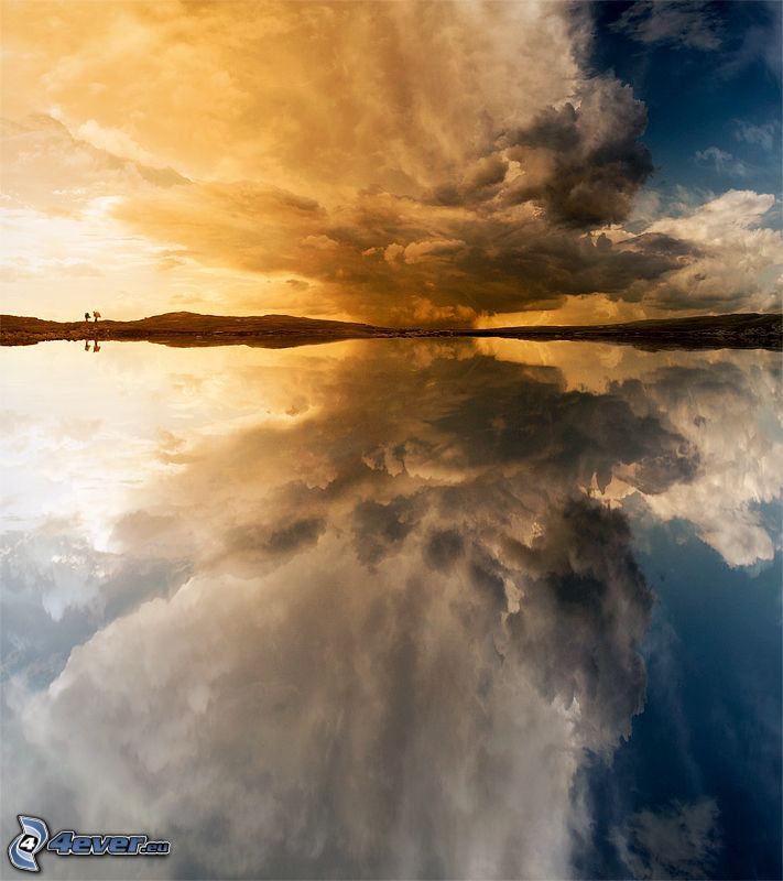 sunset over the lake, clouds, reflection, calm water level