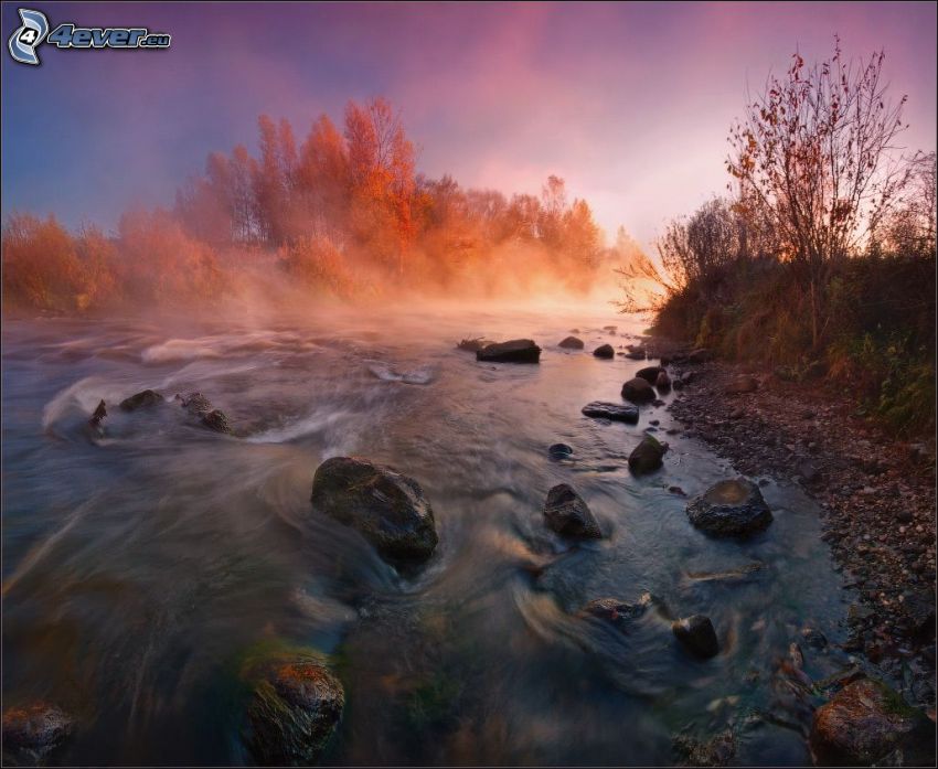 sunset over the river, stream, rocks