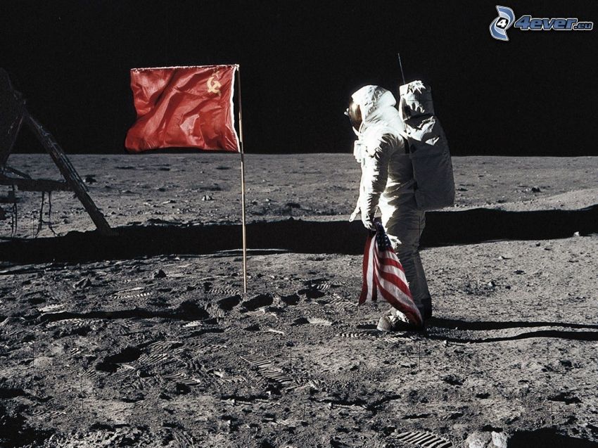 astronaut, flag, hammer and sickle, american flag, sadness