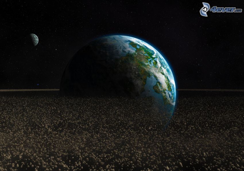 Earth, moon, asteroids