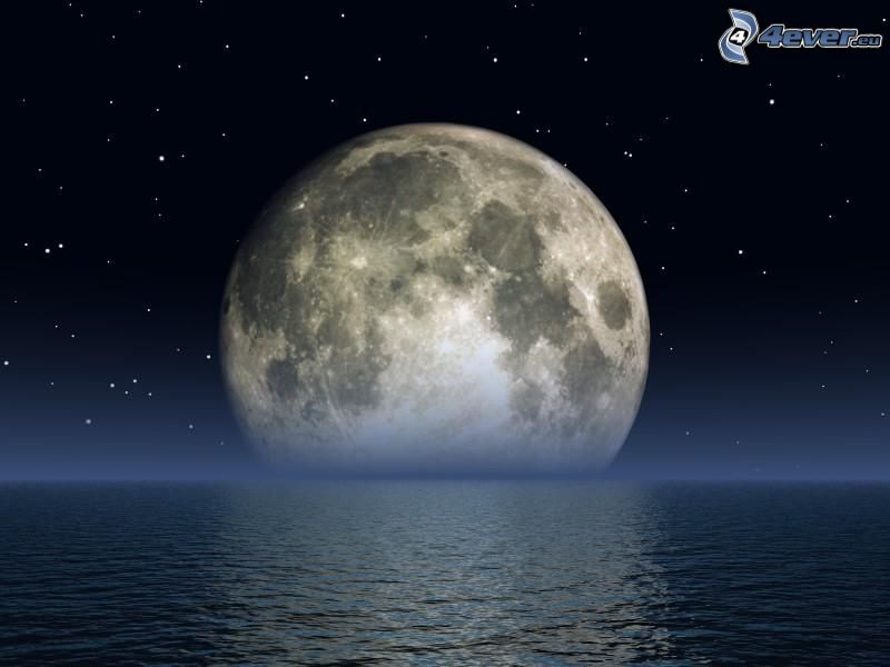 moon above the water level, sea, full moon, stars