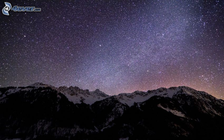 starry sky, snowy mountains