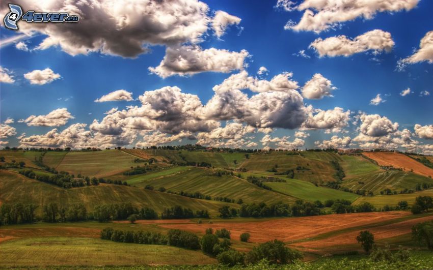 view of the landscape, fields, clouds, HDR