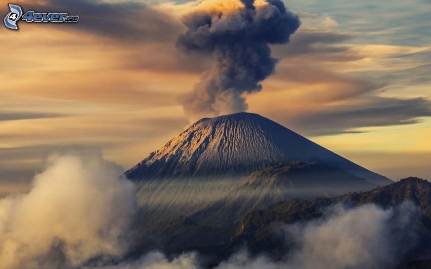 volcano eruption, hill, clouds