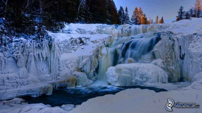 waterfall, frozen landscape, ice, River, snow