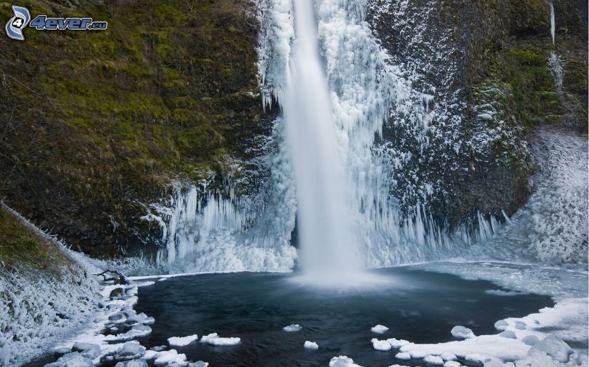 waterfall, lake, icicles, icing