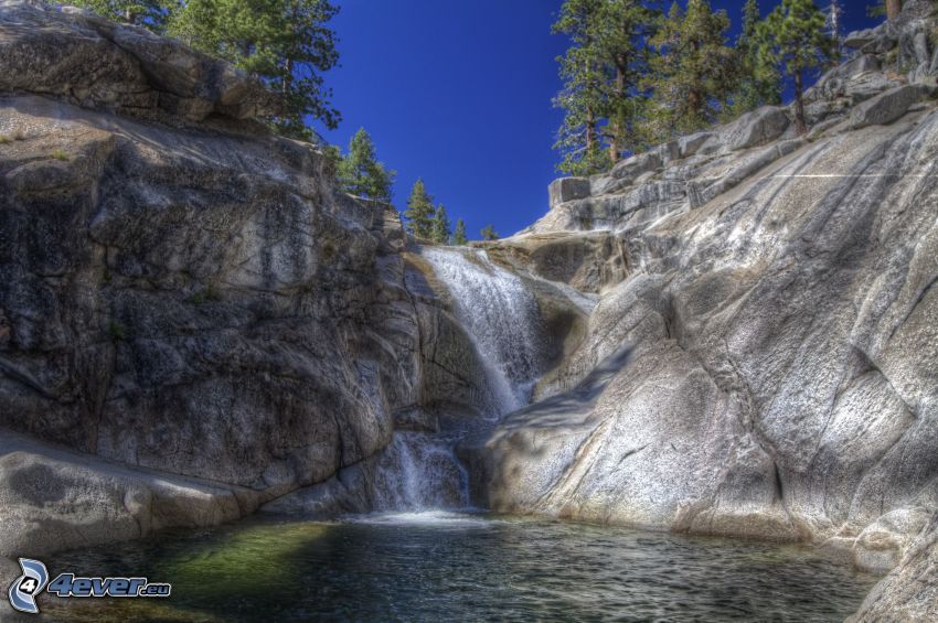 waterfall, lake, Yosemite National Park, HDR