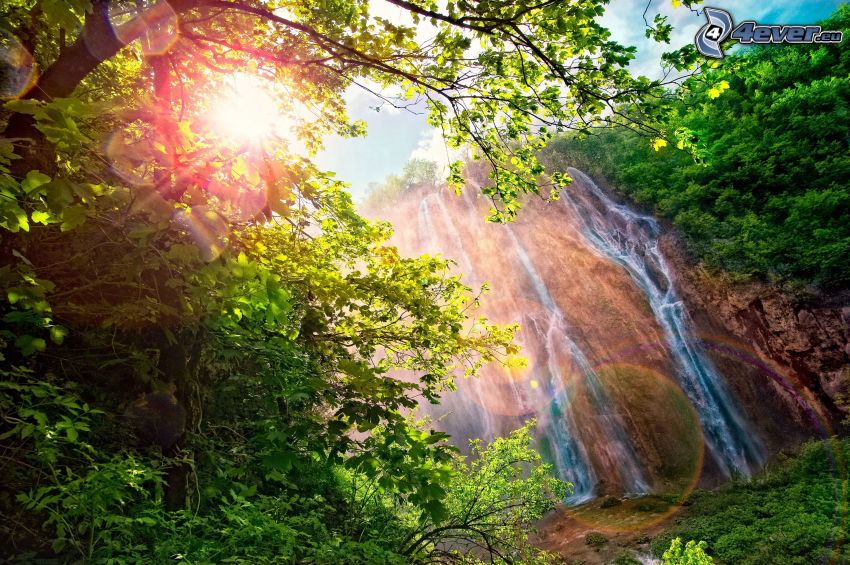 waterfall, rock, sun, greenery