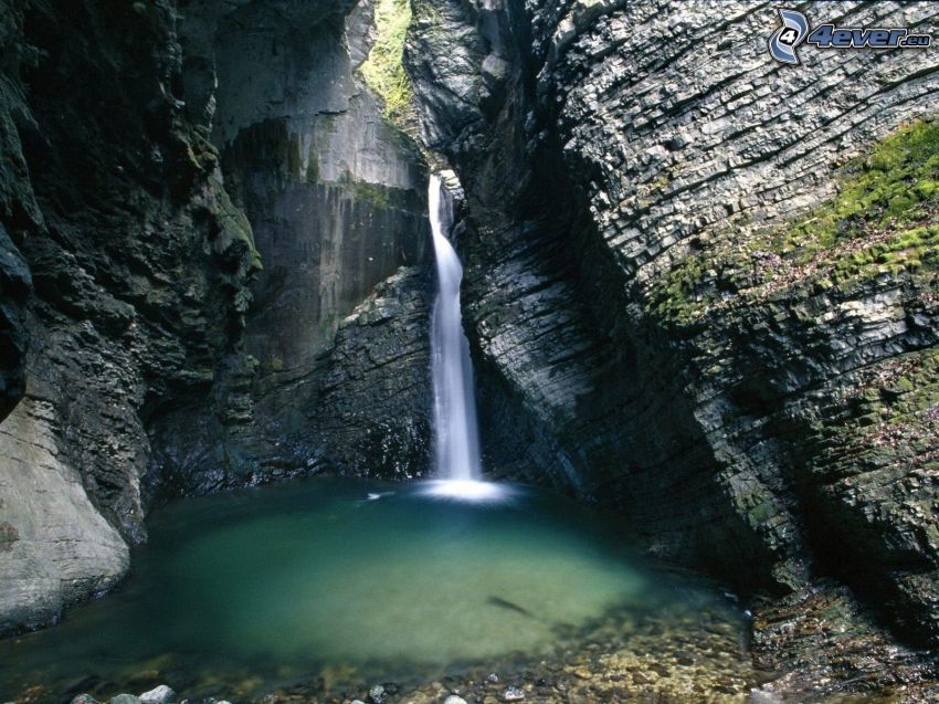 waterfall, rocks, lake