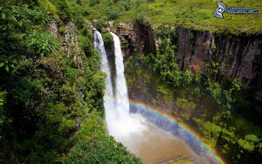 waterfalls, cliff, rocks, greenery, rainbow