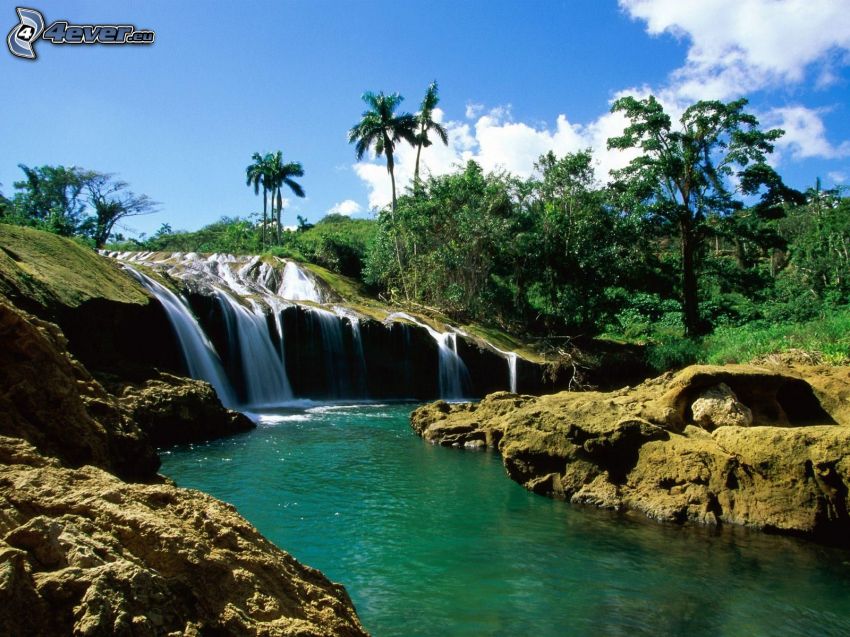 waterfalls, greenery, rocks