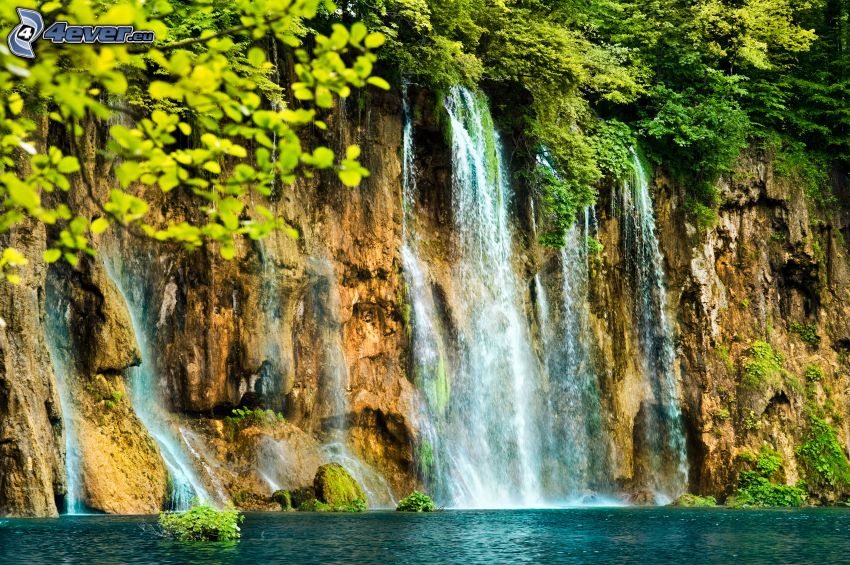 waterfalls, lake, greenery