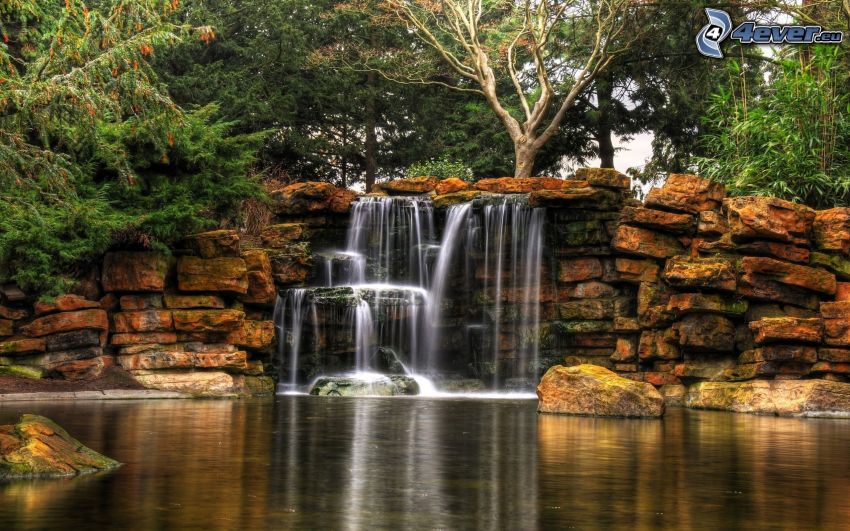 waterfalls, rocks, lake, trees
