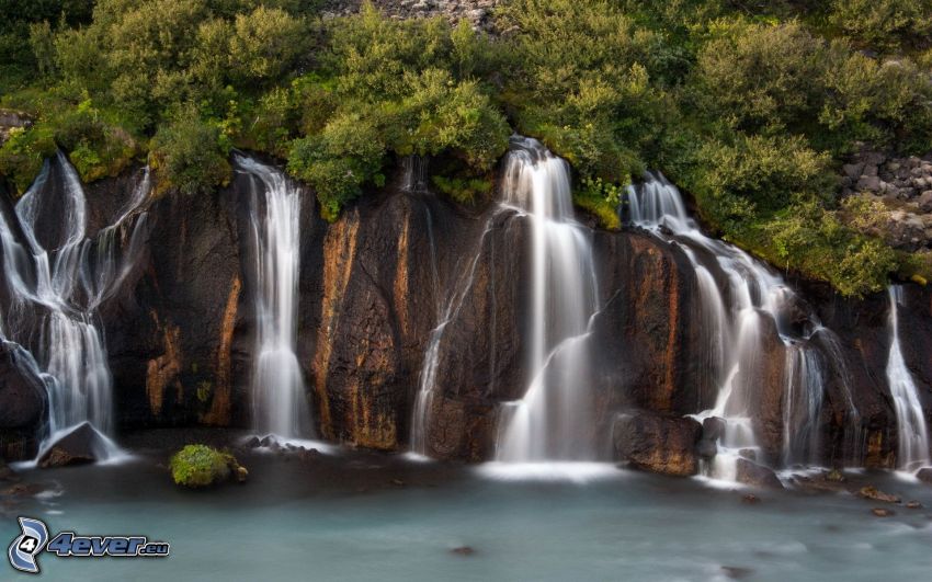 waterfalls, rocks, trees