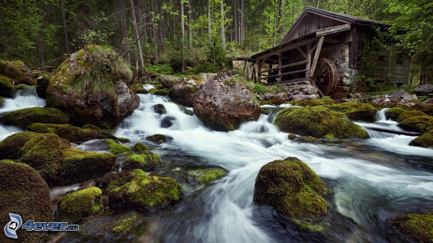 watermill, River, rocks