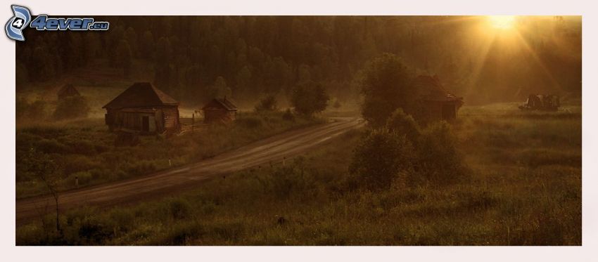 wooden houses, road, forest, sun