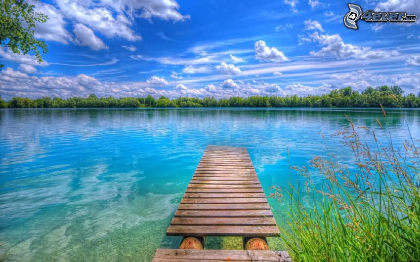 wooden pier, lake, forest, clouds, HDR