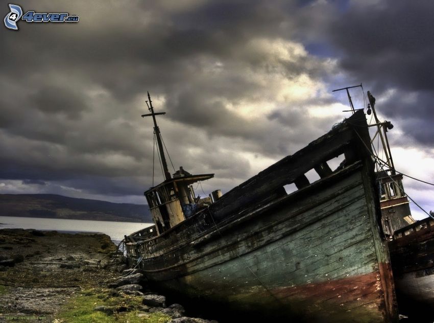 abandoned rusty ship, clouds
