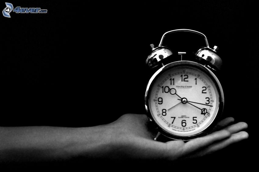 alarm clock, hand, black and white photo