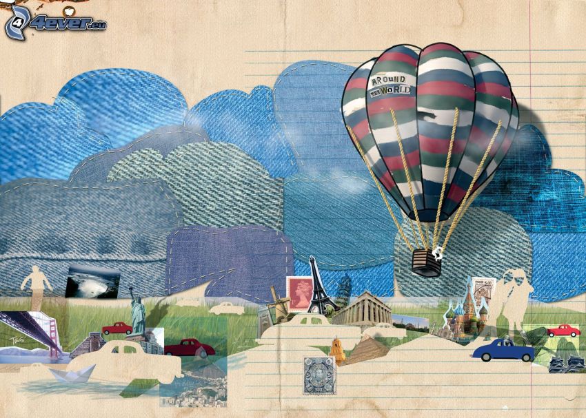 balloon, clouds, collage