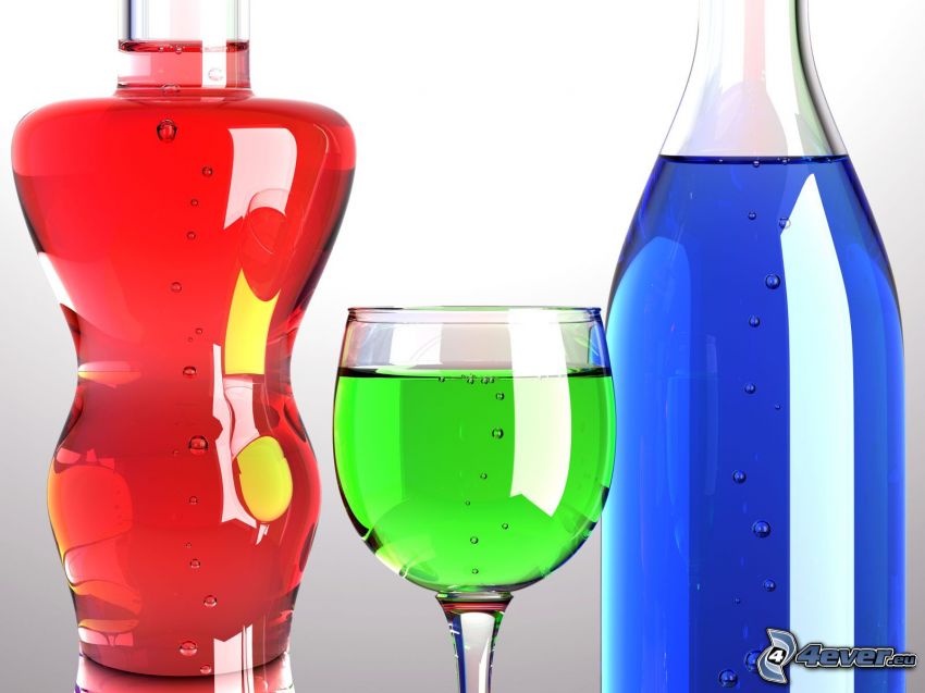 bottles, cup, colored
