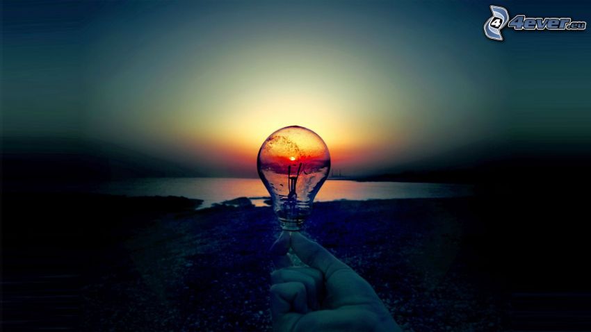 bulb, sunset, hand
