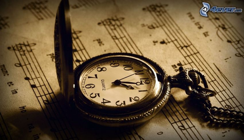 clock, sheet of music