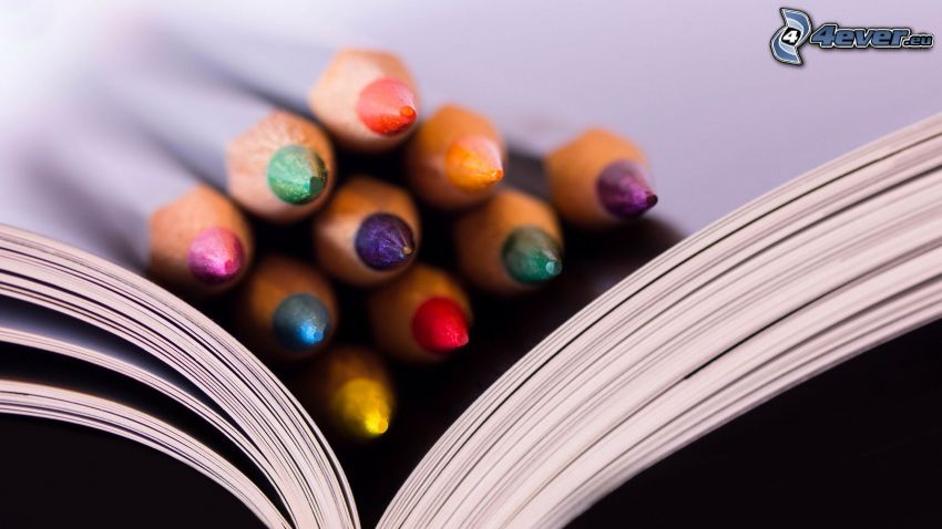 colored pencils, book