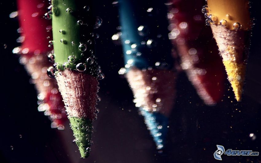 colored pencils, water, bubbles