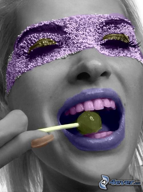colorful face, purple lips, lollipop in mouth