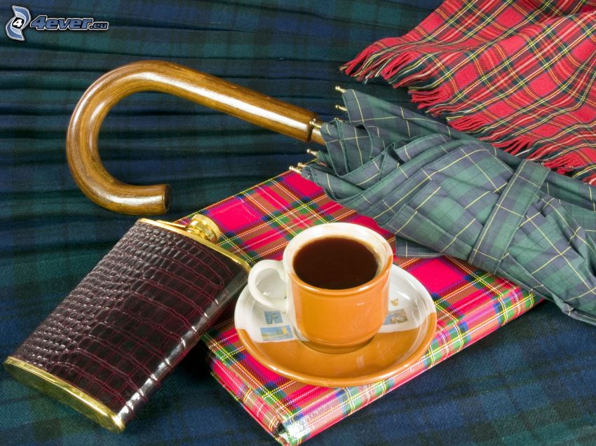 cup of coffee, umbrella, blanket