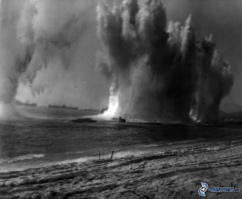 explosion, sea, old photographs