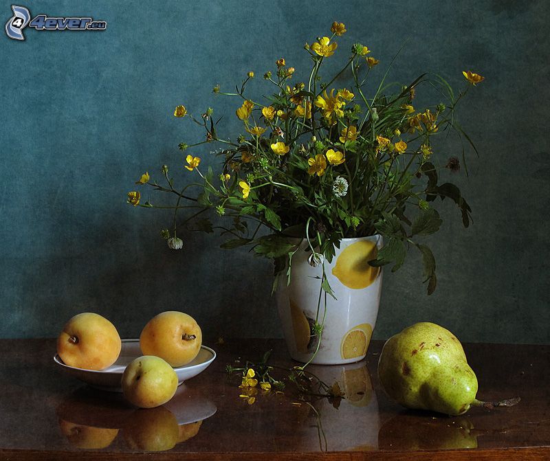 field flowers in a vase, yellow flowers, pear, nectarines