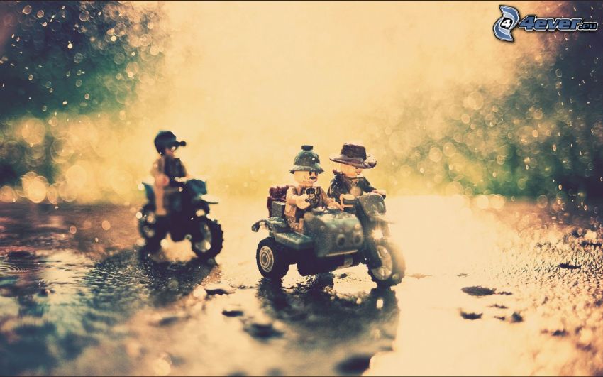 figures, rain, motorbikes, Lego