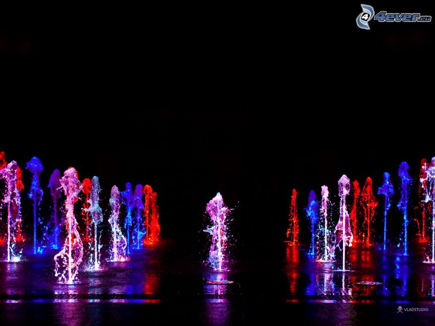 fountains, colorful lightning