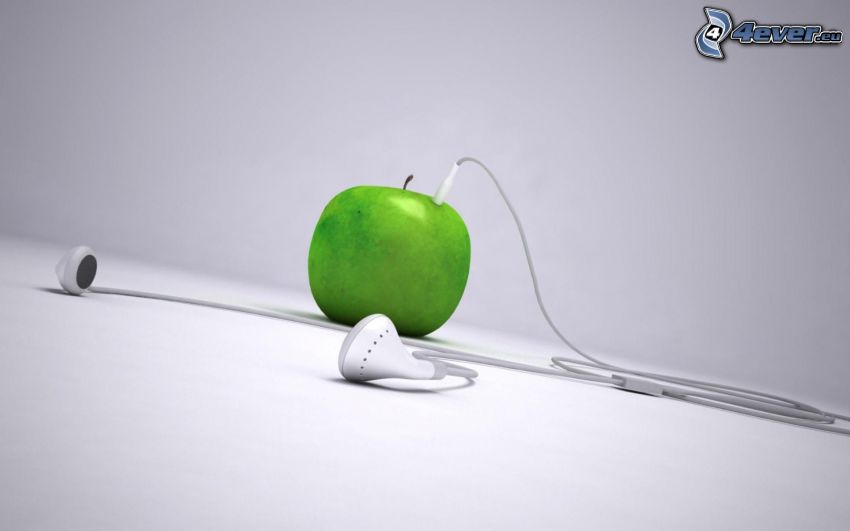 green apple, headphones