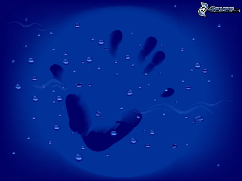 handprint, blue background, drops of water